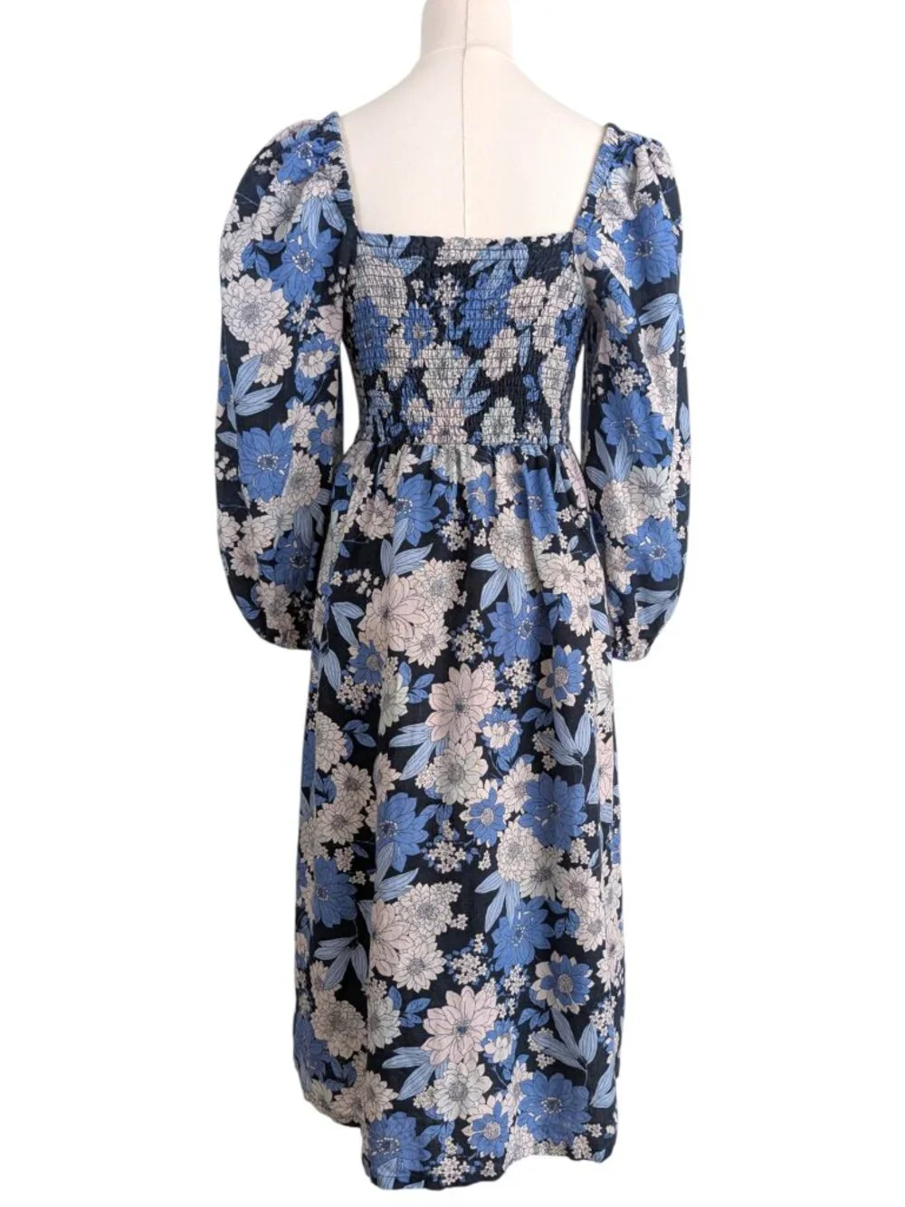 J.Crew Linen Day Dream Midi Dress Blue Zinnia Floral Puff Sleeves Petite Size MP